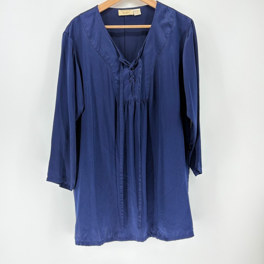 VTG 80's Victoria's Secret 100% Silk Tunic Top Lace Up Empire Waist Boho Navy Sm